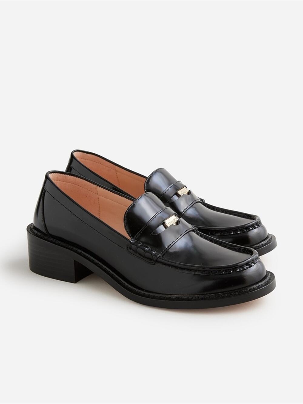 J. Crew Coin Black Patent Leather Loafers Block Heel Modern Classic Sz 9